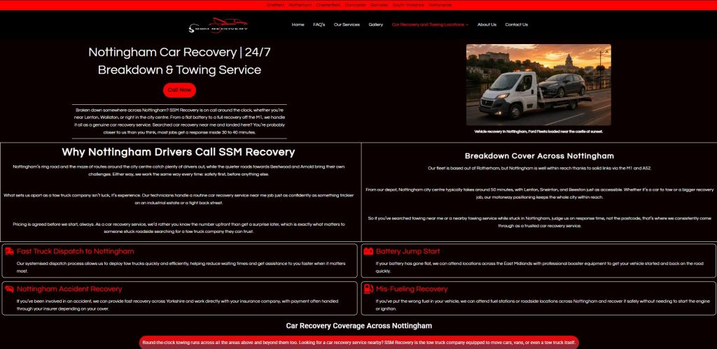 Screenshot of the SSM Recovery website homepage, featuring local vehicle recovery and breakdown services