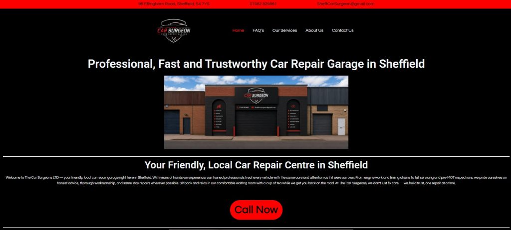 Screenshot of The Car Surgeon website homepage for a Sheffield car repair garage