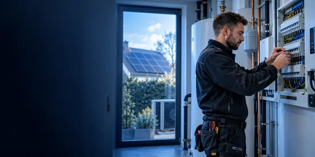 UK electrical engineer inspecting a consumer unit in a modern home