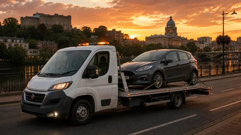 Vehicle recovery truck loading a car beside a UK city at sunset